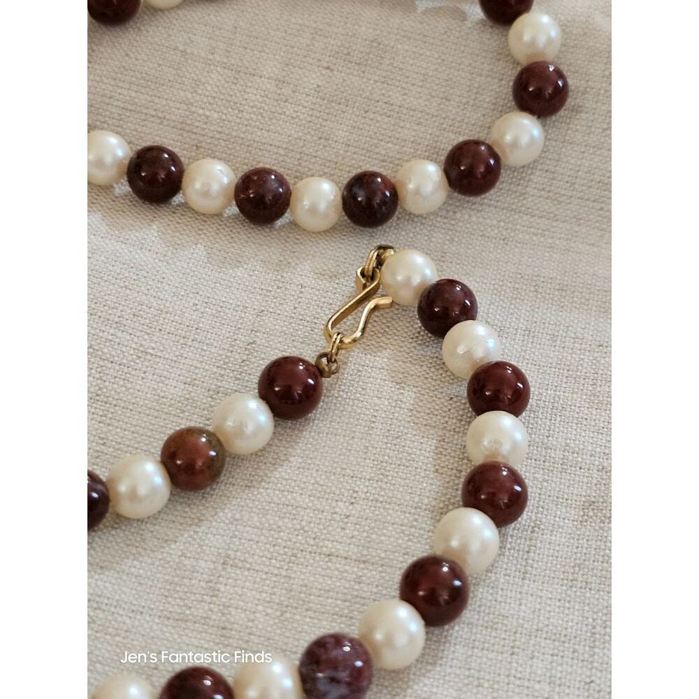 Vintage Pearl & Red Ocean Jasper Beaded Necklace 24 Inches Gold Clasp